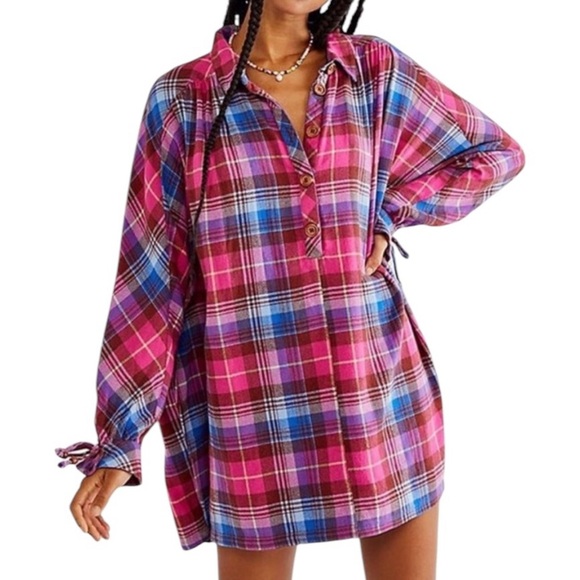 Free People Zoey Plaid Oversized Mini Dress Tunic Pink Combo Size S - Picture 13 of 13